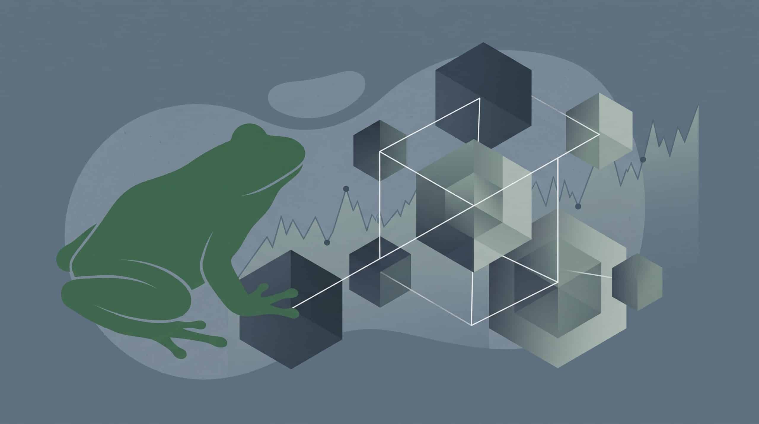 Illustration of a green frog silhouette with blockchain network nodes and a volatile price line, representing the Pepe Coin meme cryptocurrency
