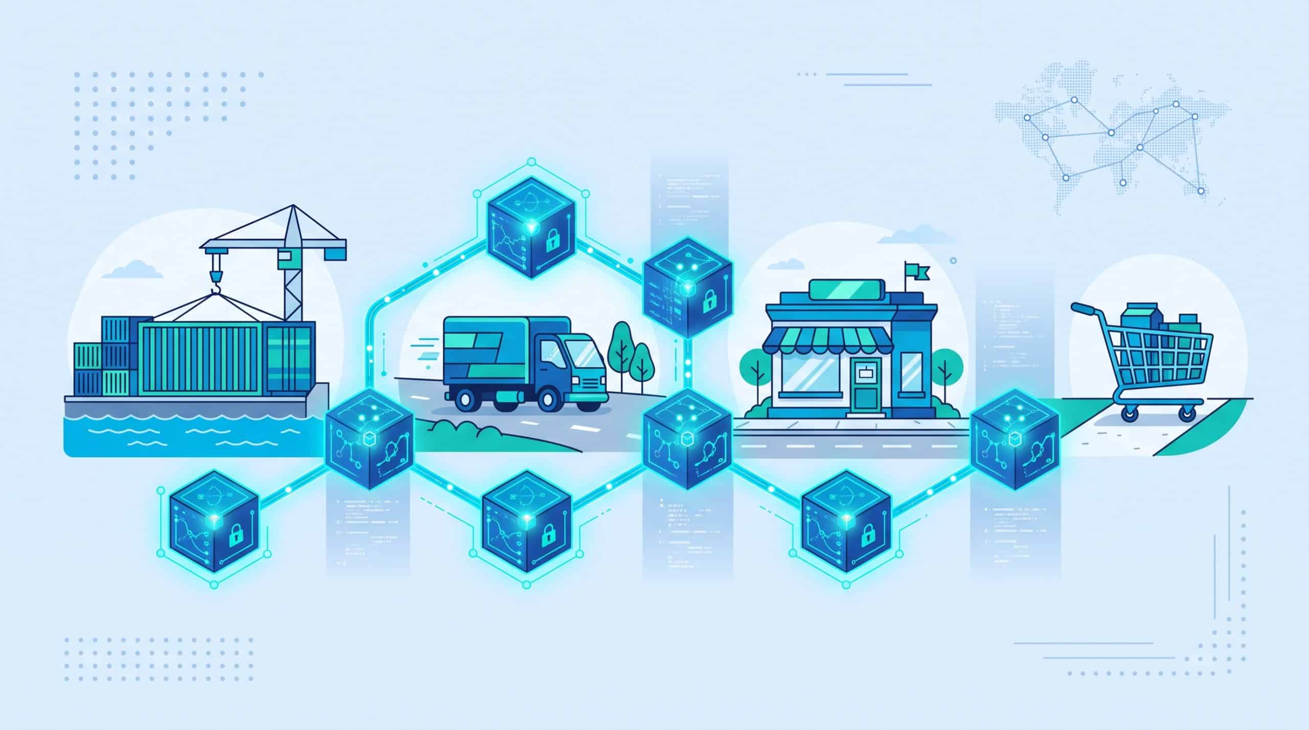 Illustration of retail supply chain stages linked together by blockchain ledger blocks