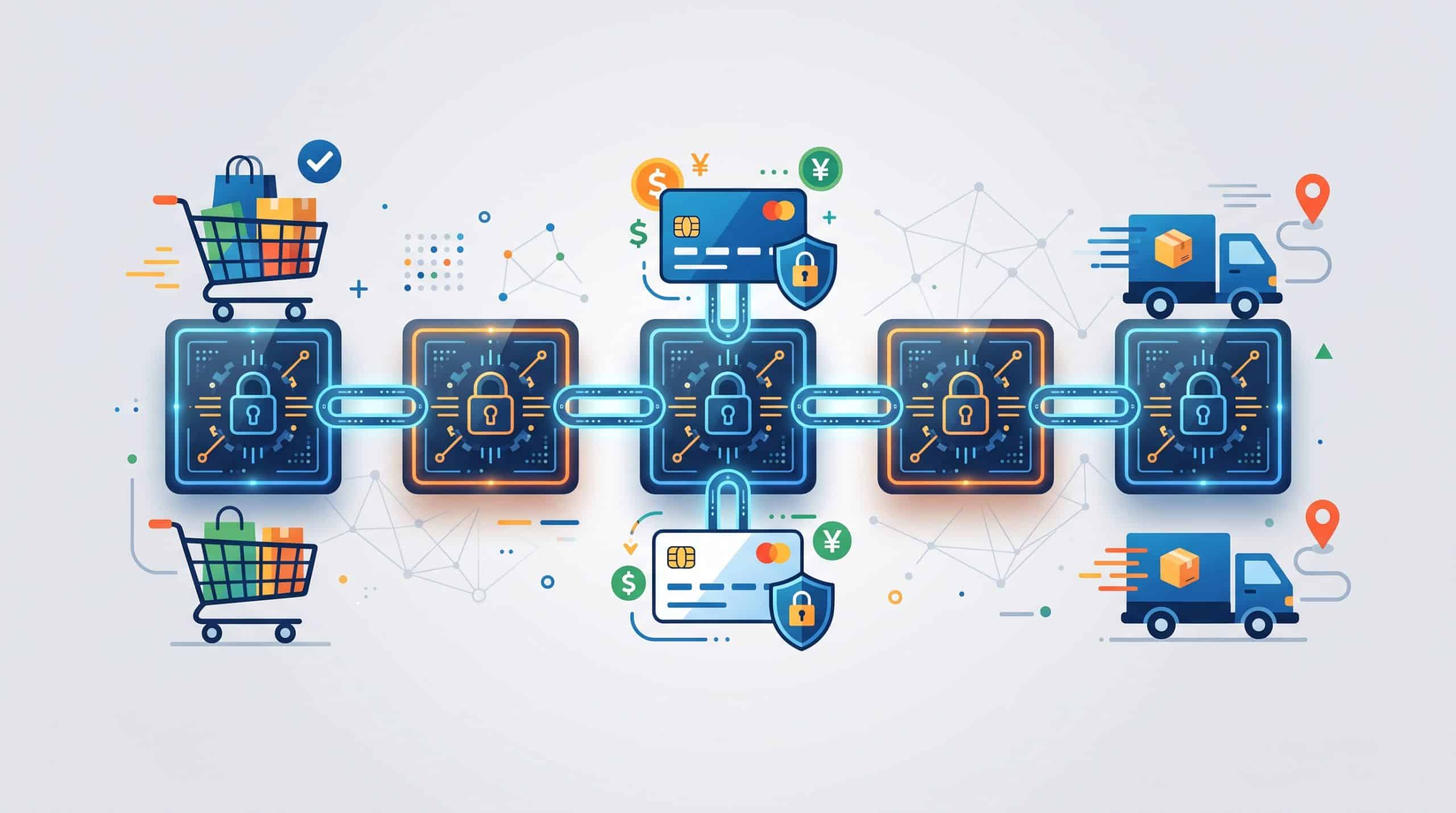Illustration of linked blockchain blocks connecting a shopping cart, payment card, and delivery truck, representing blockchain in eCommerce