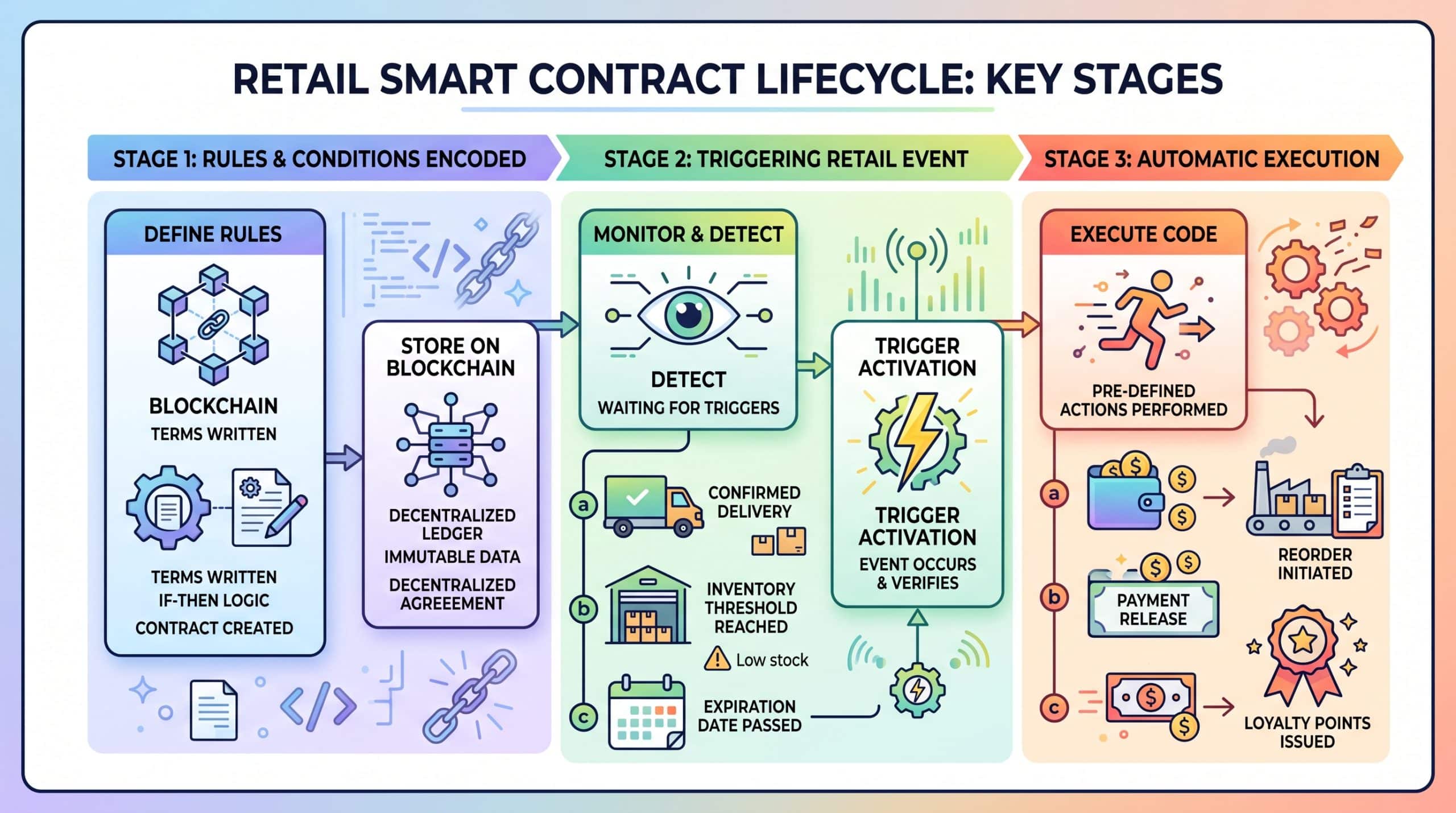 Flow diagram of a retail smart contract: conditions encoded on a blockchain, a triggering retail event, then automatic execution