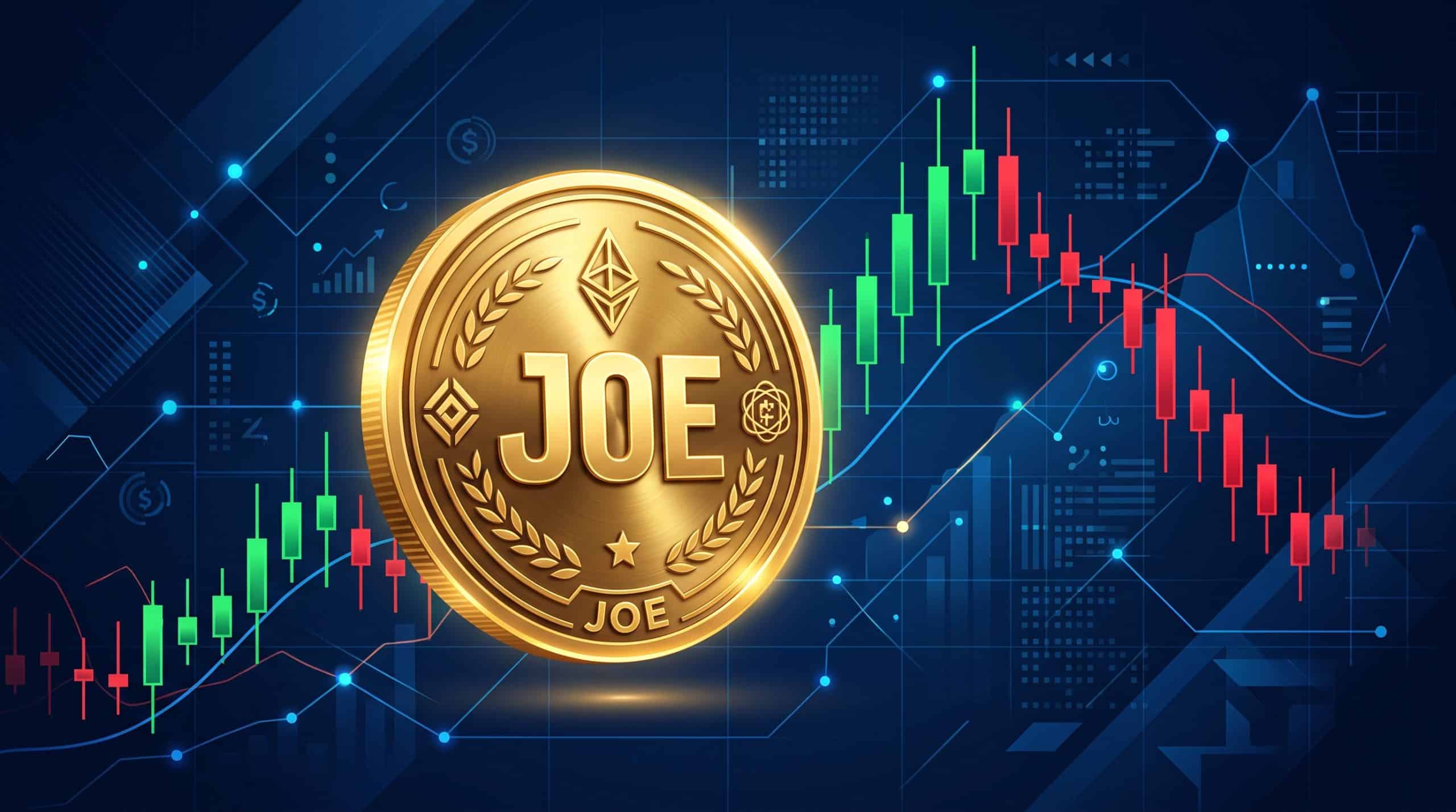 Illustration of a Joe Coin (JOE) token in front of a volatile cryptocurrency price chart