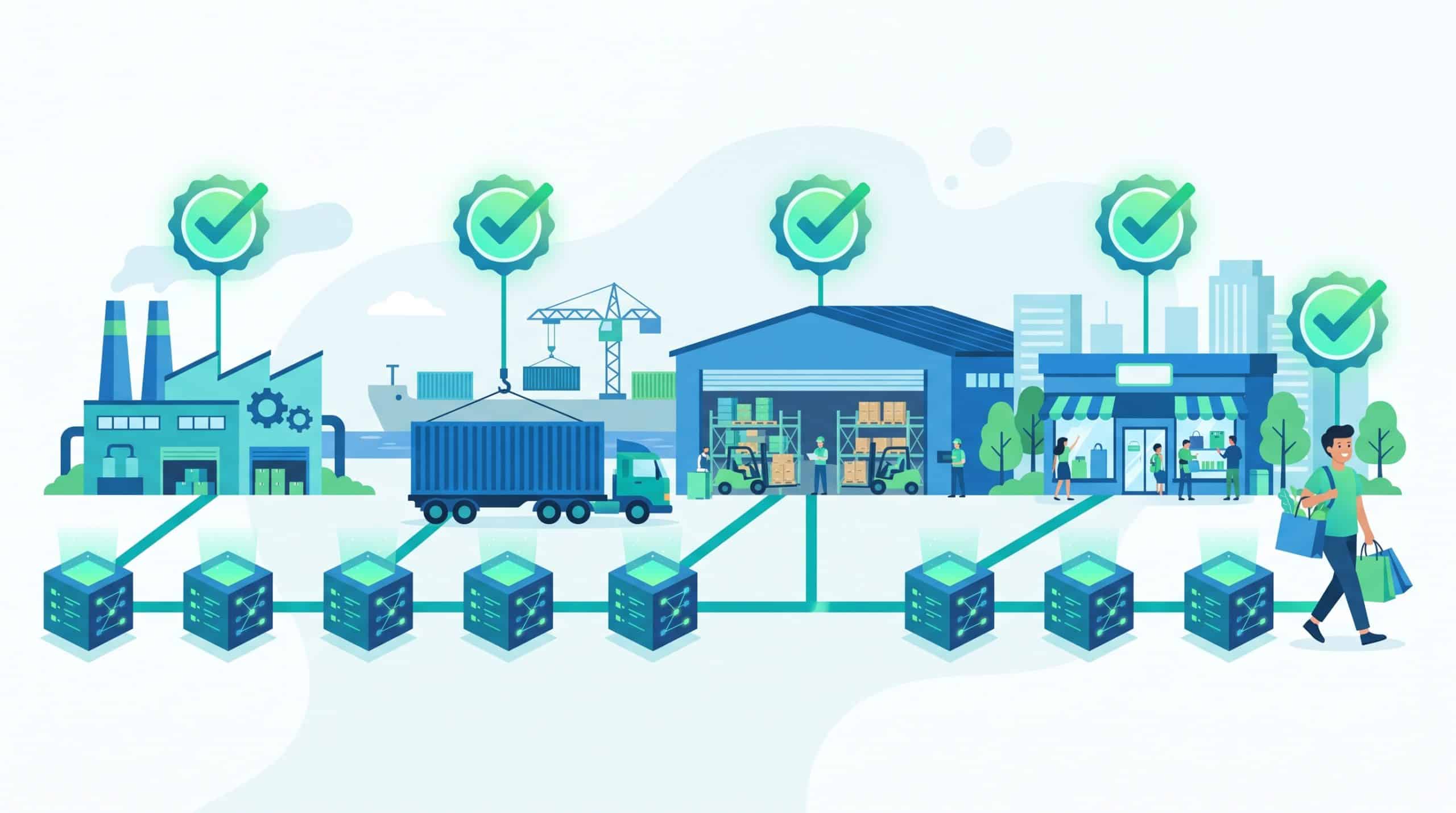 Illustration of a retail supply chain from factory to shopper connected by blockchain ledger blocks verifying product provenance.