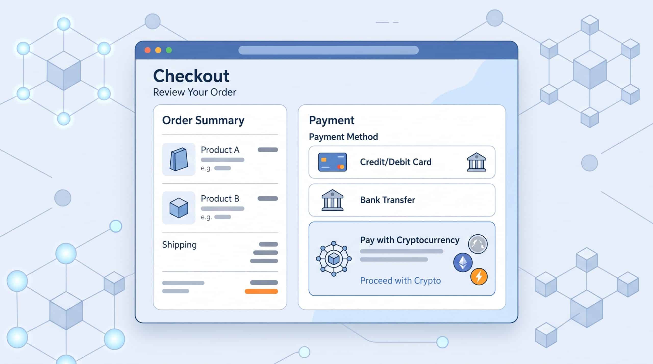 Illustration of an online checkout screen offering a cryptocurrency payment option alongside traditional payment methods