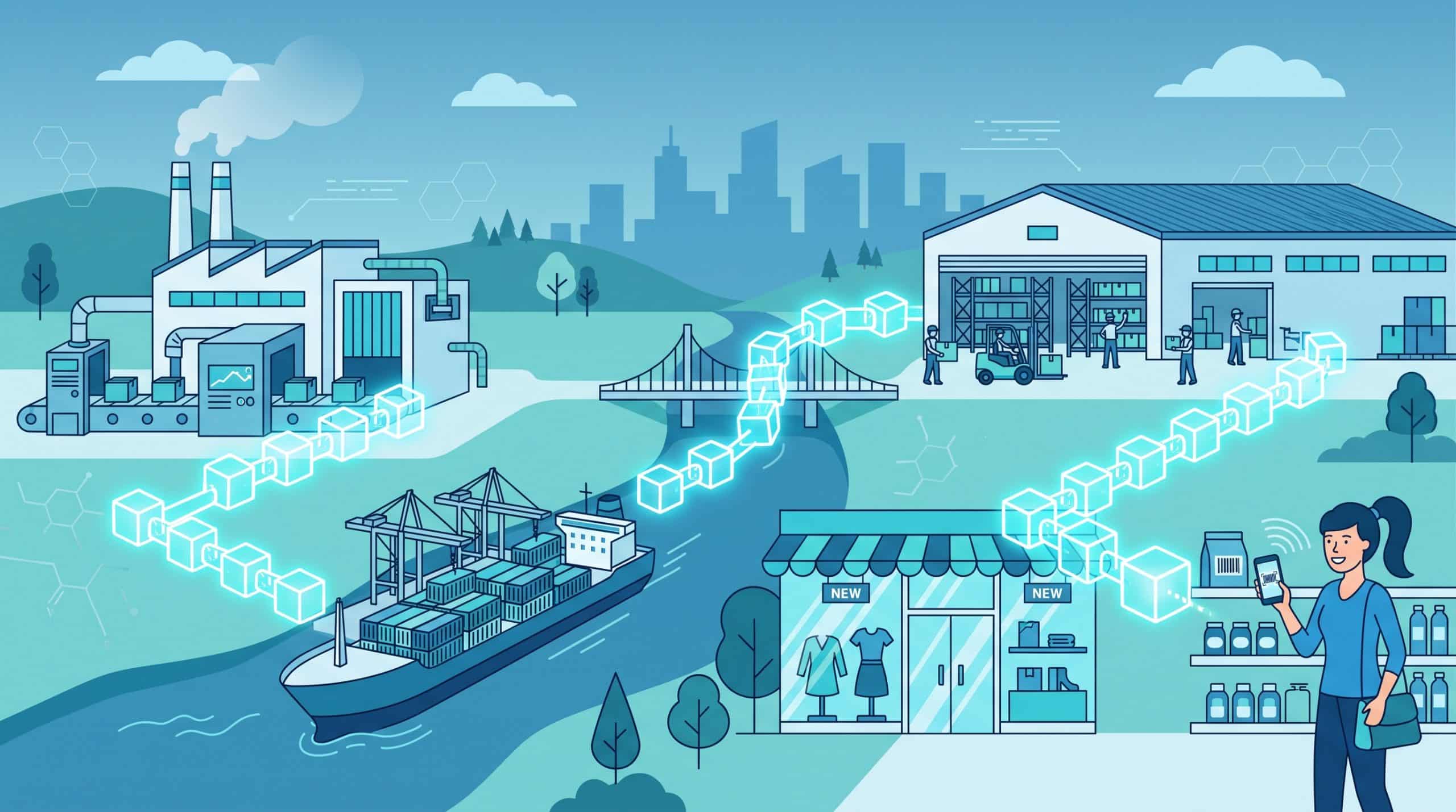 Retail supply chain stages from factory to shopper connected by a blockchain ledger of linked blocks
